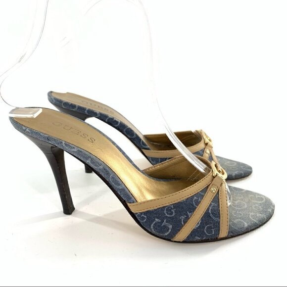 Guess promise heels 5.5 denim blue Jean rhinestone slip on slides Y2k vintage